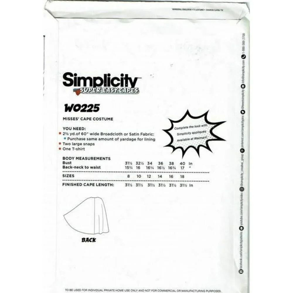 Simplicity Sewing Pattern 0225 Misses Cape‎ Costume Easy Size 8-18